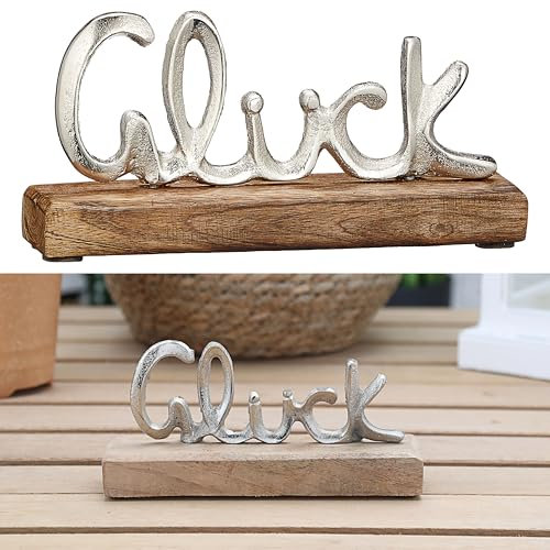 Cepewa Schriftzug 'Glück' Silber | 17x8x4cm Mangoholz Aluminium | Dekoaufsteller Tischdeko Aufsteller (1 x Schriftzug 'Glück' Silber 17x8x4cm)