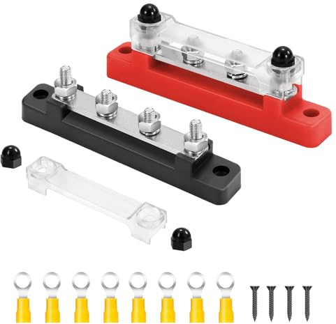 GIONAR Busbar150A, morsettiera 12 V-48 V DC Busbar150A, blocco di distribuzione di alimentazione con 4 x M6 Bulloni del terminale, con 8 terminali di collegamento di cablaggio, per auto camion barca