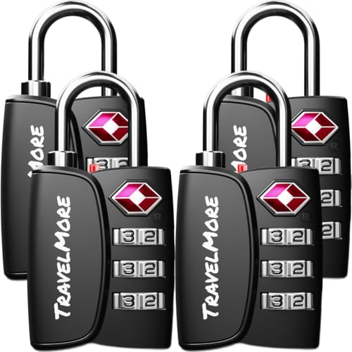 TravelMore TSA Approved Luggage Locks, Suitcase Padlocks with Combination | Travel Lock with Inspection Indicator, Durable Zinc Alloy Body, Easy to Use, for Suitcases, Backpacks, Bags, 4-Pack, Black
