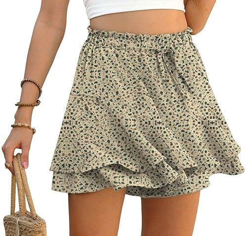 PrinStory Pantaloncini da donna estivi a vita alta con volant, pantaloni corti per il tempo libero, gamba larga, gonna corta per la spiaggia, Albicocca floreale, M