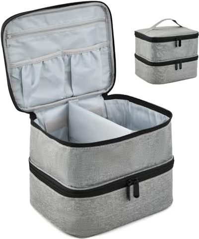 Double Layer Nail Polish Storage Bag, Grey Carrying Case Holds 30 Bottles, Cosmetic Holder Organizer, Portable Manicure Tools Organizer with Pockets, Vanity Travel Case for Nail Tech