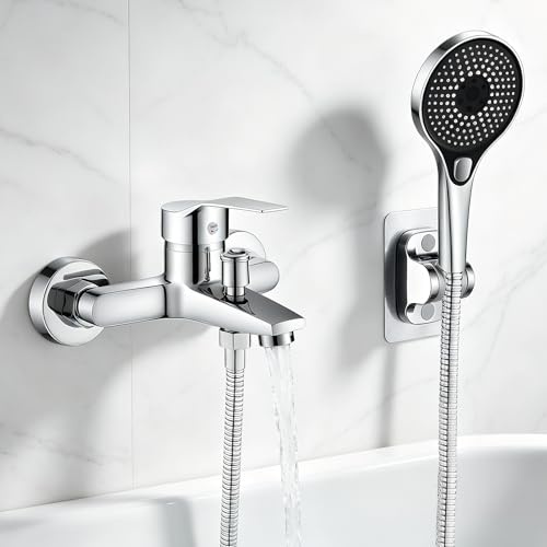 Badewannenarmatur mit Handbrause, Mischbatterie Badewanne Wandmontage Duscharmatur Komplettset, Wannenarmatur Chrom Einhebel Armatur Badewanne mit Duschbrause 3 Funktionen und 1.5m Schlauch für Bad