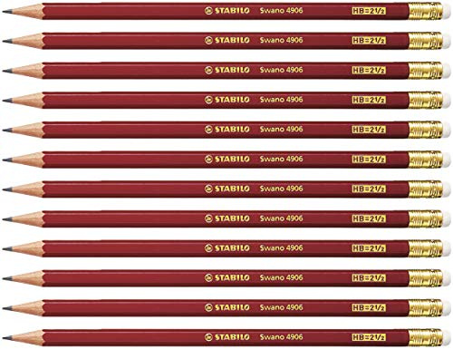 STABILO - Lápiz de grafito con goma - Swano en rojo - Pack de 12 - Dureza HB