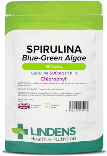 Lindens - Spirulina 500mg - 90 Tablets - 2,000mg Daily Intake, UK Made - Spirulina Maxima, Rich in Chlorophyll - Overall Health & Vitality - Letterbox Friendly, Vegan