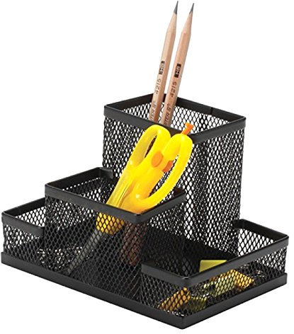 Q-Connect KF15112 Schreibtisch-Organizer 4 Fächer/aus Lackiertem Metallgeflecht/Schwarz/Schreibtischorganizer/Mesh Metall Büro-Organizer Desk Organizer/mit Gummifüßen/ 15,3 x 10,3 x 10,0 cm