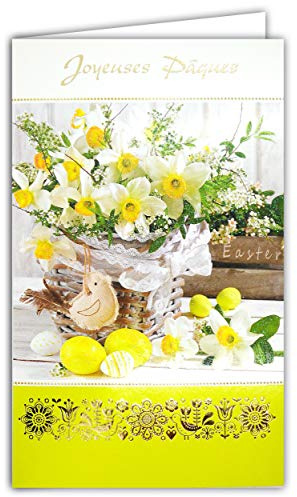12-693 Carte Joyeuses PÂQUES en Or Doré Brillant avec Enveloppe Blanche - Fleurs Narcisses œufs Oiseau Jaune Vert Printemps Fête