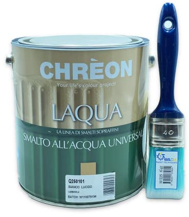 Chreon Laqua Smalto all’Acqua Universale Rapida Essiccazione + Pennello Waga Paint 40mm, Bianco Lucido (2,5L)