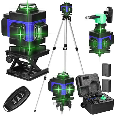 VISLONE Niveau laser 4 x 360°,Niveau laser 4D 16 lignes auto-nivelant,2400mAh x 2 piles,Niveau laser vert Étanche et anti-poussière,Niveaux laser avec télécommande et trépied réglable en hauteur