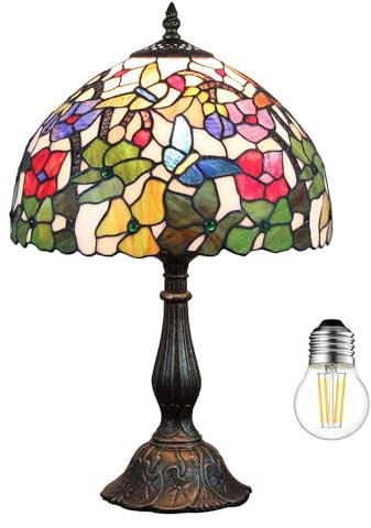 Kinbolas Tischlampe im Tiffany Stil,Vintage Nachttischlampe Schlafzimmer Deko Lampe,Jugendstil Art Deco Tischleuchte,Bunte Glas lampenschirm 30cm / 12 Zoll Mit E27 Birne(Color:B-6)