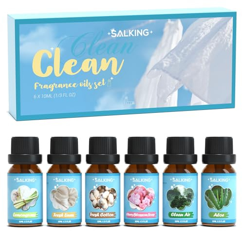 SALKING Clean Fragrance Oils, Premium Essential Oil for Diffuser, Scented Oil Gift Set for Soap Candle Making - Lemongrass, Fresh Cotton, Fresh Linen, Cherry Blossom Soap, Clean Air, Aloe