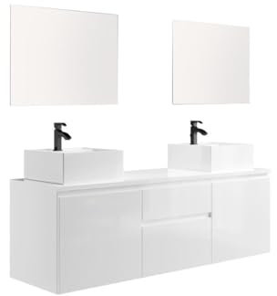 Vente-unique-Set per bagno sospeso con doppio lavabo e specchi Bianco - JIMENA