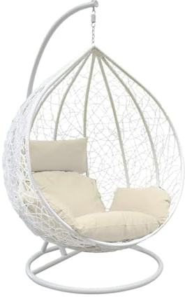 Holywarm Rattan Swing Chair with Cushion | Indoor Outdoor Hanging Wicker Egg Chair & Stand | White Garden Balcony Hammock (Max 265 lbs)