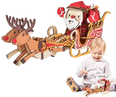 Wooden Christmas Puzzle - Santa Elk Sleigh Jigsaw Puzzle - Wooden Puzzle Set for Adults & Kids, STEM Toys, Christmas Decor