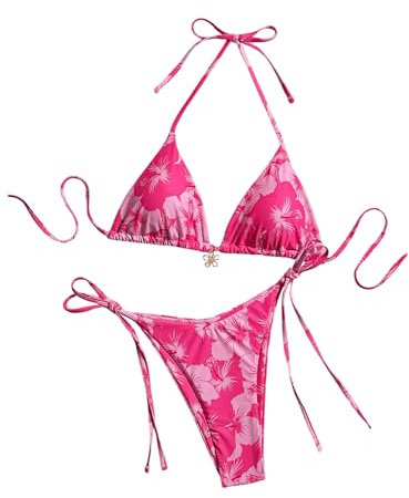 GORGLITTER Bikini Damen Set Mit Blumen Triangel Bikini High Waist Neckholder Bikini Set Geblümter Bikini Mit Tanga Zweiteiler Badeanzug Bademode 2 Teiler Rosa S