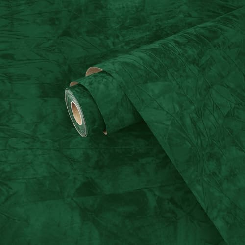 Yullpaper Self Adhesive Dark Green Velvet Wallpaper Lining Paper for Walls Soft Flocking Fabric Wallpaper for Drawer Jewel Case Gift Wrapping Paper Roll Green Vinyl Wrap for Furniture 40cm x 200cm