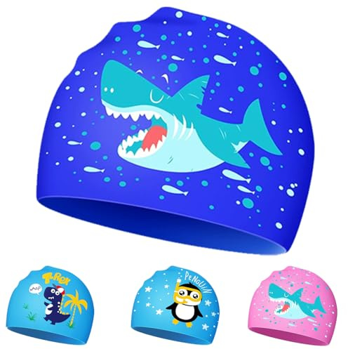 Bonnet de Bain Enfants, Bonnet Piscine Enfant, Silicone Bonnet Natation, Imperméable Bonnet Piscine, 100% Silicone – Extensible Confortable – pour Garçons Filles 4-14 Ans (B)
