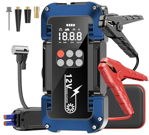 Tyonto Avviatore Emergenza per Auto con Compressore 150PSI, 4000A Starter Batteria Auto 12V per 9.0L Benzina e 8.0L Diesel Motori, Booster Avviamento con Torcia, Ricarica USB