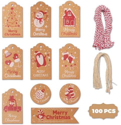 100 Pezzi Etichette Regalo di Natale - 10 Stili di Etichette Natalizie in Carta Kraft con Filo di Cotone e Filo di Spago - Etichettes Regalo per Decorazioni Natalizie, e Confezioni Regalo