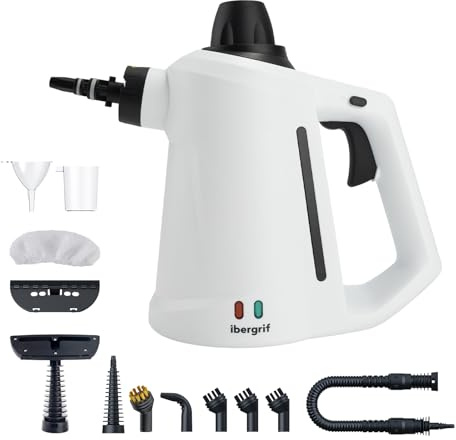 Ibergrif Pulitore a Vapore Portatile, Pistola a Vapore 1050W con 12 Accessori, 3 Bar Alta Pressione, Soluzione Naturale Senza Additivi, per Divani, Cucina, Fughe e Vetri, 350ml, Bianco