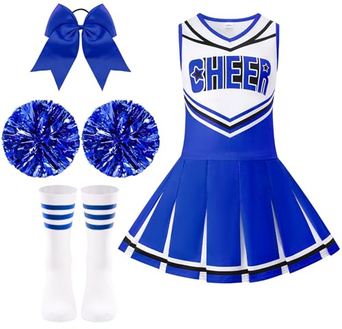 Joyvimbao Girls Cheerleader Costume Outfit Kids Halloween Cheer Uniform Dress Up Outfit with Accessories Blue 6-12 Years(Blue, 7-8Y)