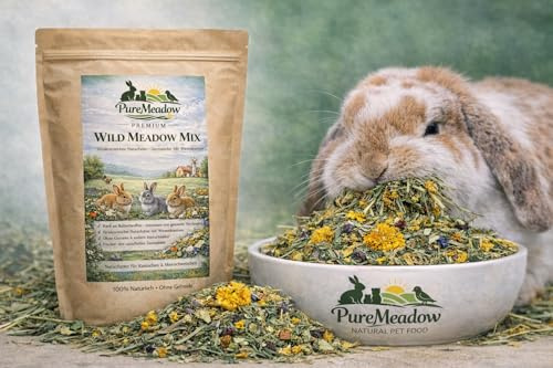 PureMeadow Premium Wild Meadow Mix, kaninmat, naturfoder för kaniner och marsvin, spannmålsfri, med ängsörter, 1 kg