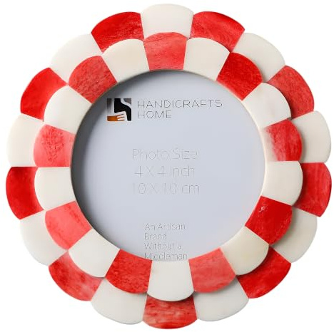 Handicrafts Home Scalloped Bone Inlay Picture Frame 4x4 - Handmade Round Decorative Photo Frame, Red and White Boho Desk & Shelf Decor, Vintage Style Small Frame for Nursery, Home Styling & Gift