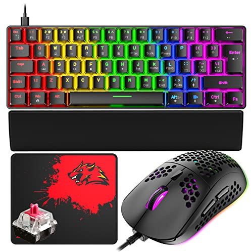 T60 Kabelanslutet Speltangentbord och Mussats, Mini 60% Mekaniskt Tangentbord med 62 Tangenter, 19 Rainbow LED-ljus + 6400 DPI Spelmus + Handledsstöd + Musmatta för PC, Laptop - Röd Switch/Svart