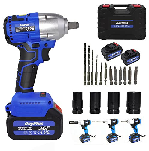 21V MAX Brushless Cordless Impact Wrench Car Repair Wheel Nut Gun Electric 420 N.M High Torque Impact Wrench Power Wrench Electric Cordless Driver with 4 Sockets + 12 Driver Bits+ 2x 6.0AH Battery