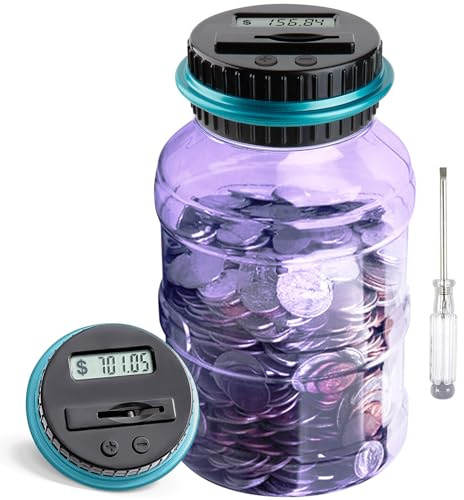 Large Piggy Bank for Adults Kids, Vcertcpl Digital Coin Counting Bank with 1.8L Capacity, Great Coin Bank Money Jar for Adults Kids with Saving Goals, Bank for All US Coins (Purple B)