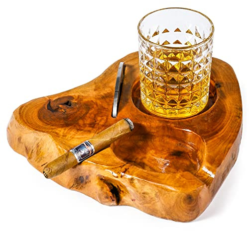 Wooden Cigar Ashtrays with Whiskey Glass Tray and Cigar Cutter Holder - Outdoors Patio Accessories Gift for Men and Women