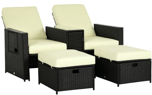 Outsunny 5PC PE Rattan Sun Lounger Outdoor Wicker 5-Level Adjustable Black | Recliner Sofa Bed, Storage Side Table, Footstools, for Patio, Garden, Poolside, Garden Furniture