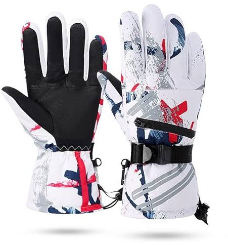 Productella Guanti da neve, Guanti termici invernali per donna e uomo, Abbigliamento da neve e da sci (Uomo - Bianco e Rosso (Taglia L))