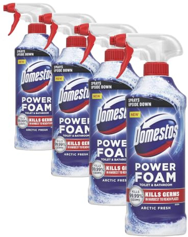Domestos Power Foam Arctic Fresh Toilet & Bathroom Cleaner Spray sprays upside down & eliminates 99.99% of germs for cleaning inside the toilet & around bathroom 450 ml (Pack of 4)