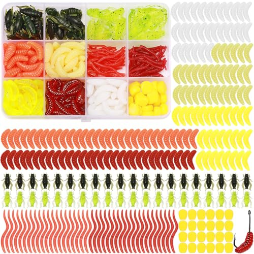 Realure 250 Pcs/4 Types Fishing Soft Plastic Worms Set - Artificial Bread, Earthworm, Cricket & Corn Baits - Silicone Soft Maggot Simulation Bait Worm for Freshwater & Saltwater Sea Fishing