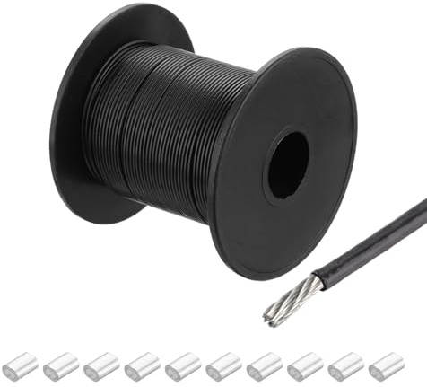 QUARKZMAN Stålvajer Rostfritt stål 60M x 0,8 mm Stålkabel PVC-belagd med 10 aluminiumhylsar Säkringskabel Upphängningskabel Trådkabel Tvättlina för Bilder Utomhus Staket Gardiner, Svart
