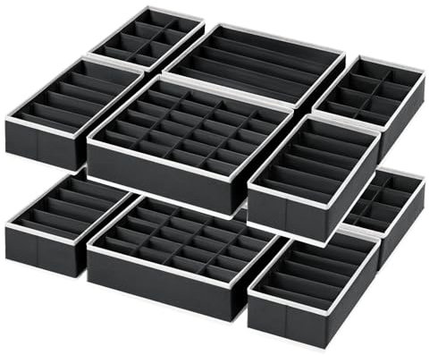 DIMJ 114Cells Underwear Organiser, 12 Pack Fabric Wardrobe Storage Organiser, Closet Organisers, Dresser Dividers for Bras, Socks, Ties(Black and White)