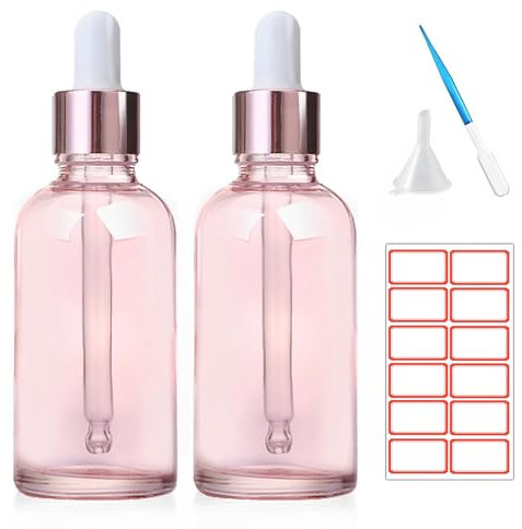 ToKinCen 2 x 30 ml droppflaska rosa glasflaskor med glaspipett essentiella flaskor små prov droppflaskor påfyllningsbara med plasttrattar och etiketter