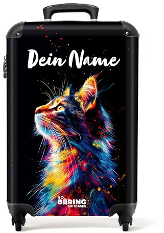 NoBoringSuitcases.com Personalisierter Kinder Koffer Klein, Kindertrolley Mit Rollen, Kindergepäck, Trolley Handgepäck 55x40x20 cm (Seitenansicht Bunte Katze - Schwarz)