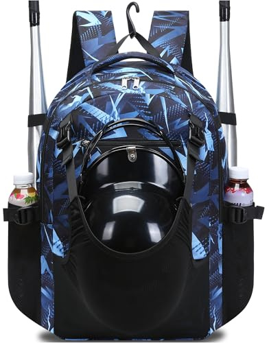 FOKDUVB Baseball Softball Backpack for Kids Boys Girls 6-8 8-12 12-14 Large Youth Bat Bag for Gear Storage Baseball Softball Tball Equipment Back Pack with Separate Shoe Bag (Black/Blue, Geometric)