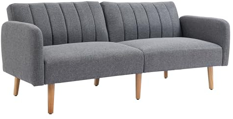 HOMCOM Schlafsofa, 2-Sitzer Sofa mit Schlaffunktion, Verstellbare Rückenlehne, Dick Gepolsterte Couch, Armlehne, Schlafcouch mit Holzbeine für Wohnzimmer, Gästezimmer, 173 x 75 x 73 cm, Grau