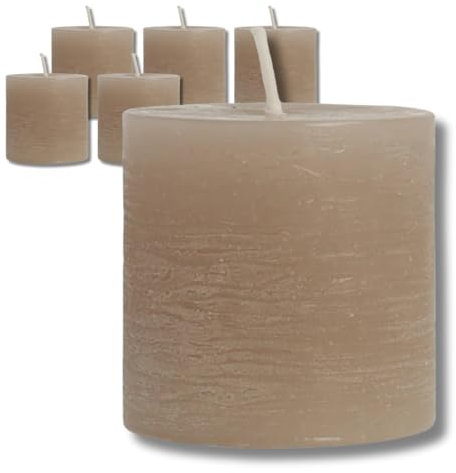 SCENTMOODS Rustik Stumpenkerzen Set - 6 Handgefertigte Taupe Kerzen - 5x5cm Lange Brenndauer - Natürliches Pflanzenwachs Ohne Palmöl - Unparfümiert