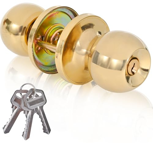 YELANGU Entrance and exit Door Knob with Key Stainless Steel Exterior Doors Knobs Round Security Front Doors Lock Set Satin Nickel 1 Pack(Golden)