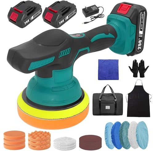 6 Inch Cordless Car Buffer Polisher, 8 Speed Control (2200-6000 RPM), 2x2.0Ah 21V Battery & 20 Polishing Pad Kit - Dual Action Polisher for Car, Boat, Detailing Waxing Scratch Removing Wood Buffing