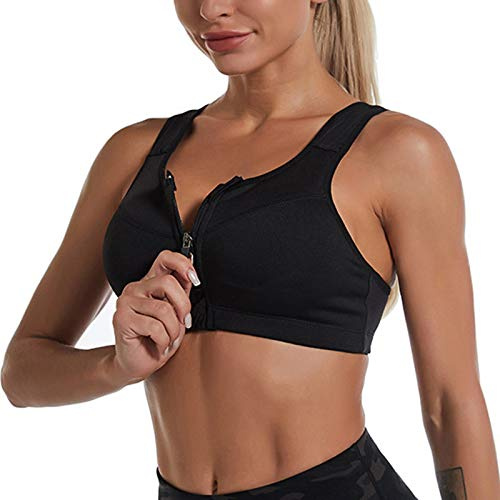 Soutien Gorge De Sport Femme Zippée Devant sans Armature Push Up Bra Brassiere Sport Maintien Fort Running Bretelles Larges sous-Vêtements De Sport pour Yoga Fitness (Black, M)