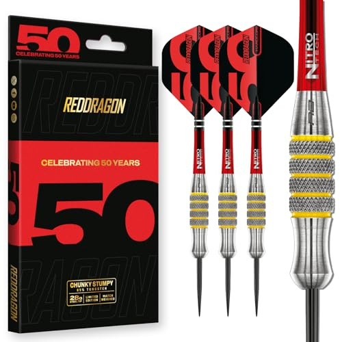 RED DRAGON - Chunky Stumpy 7-28g Tungsten Darts Set – Professional Steel Tip Dart, 50 Year Classics Collection, High-Performance Darts, Precision Balanced Dart Set for Competitive Play