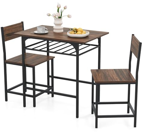 COSTWAY Set da Pranzo per 2 Persone, Set da 3 Pezzi di Tavolo Rettangolare in Legno e Sedie con Struttura in Metallo e Ripiano di Stoccaggio, per Angolo Colazione e Sala da Pranzo (Marrone)