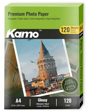 Kamo A4 glansigt fotopapper, 120 g/m², 120 ark – perfekt för foton, affischer och gör-det-själv, kompatibel med bläckstråleskrivare