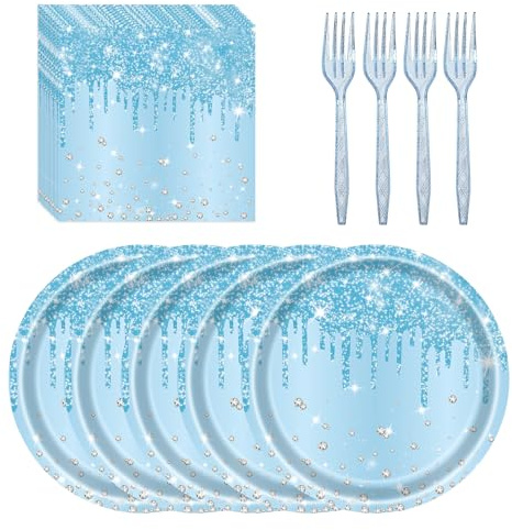 72 Pcs Blue Glitter Paper Plates 7in Disposable Paper Dessert Plates Napkins and Forks Party Tableware Set Decoration Supplies for Baby Shower, Christmas Blue Birthday Wedding Theme Party, Serve 24
