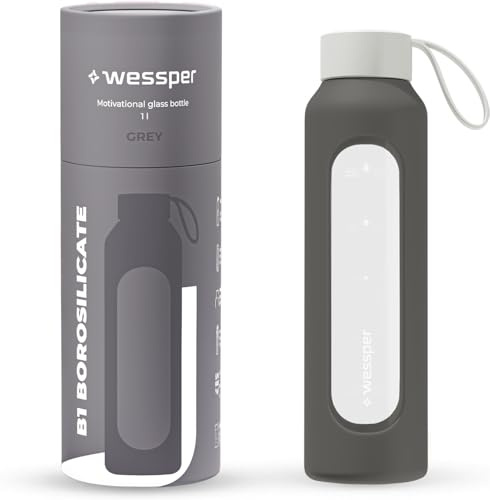 Wessper glasflaska med silikonhölje, borosilikatglasflaska med tidsangivelse 1 liter, sportflaska Perfekt för träning, skola, sport, barn, drickmotivation - Grå