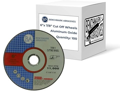Benchmark Abrasives 6 Inch Cut Off Wheels - Aluminum Oxide Self Sharpening for Metal and Steel - 0.045 Thick 7/8 Arbor - Angle Grinder Cutting Disc - Type 1-100 Pack